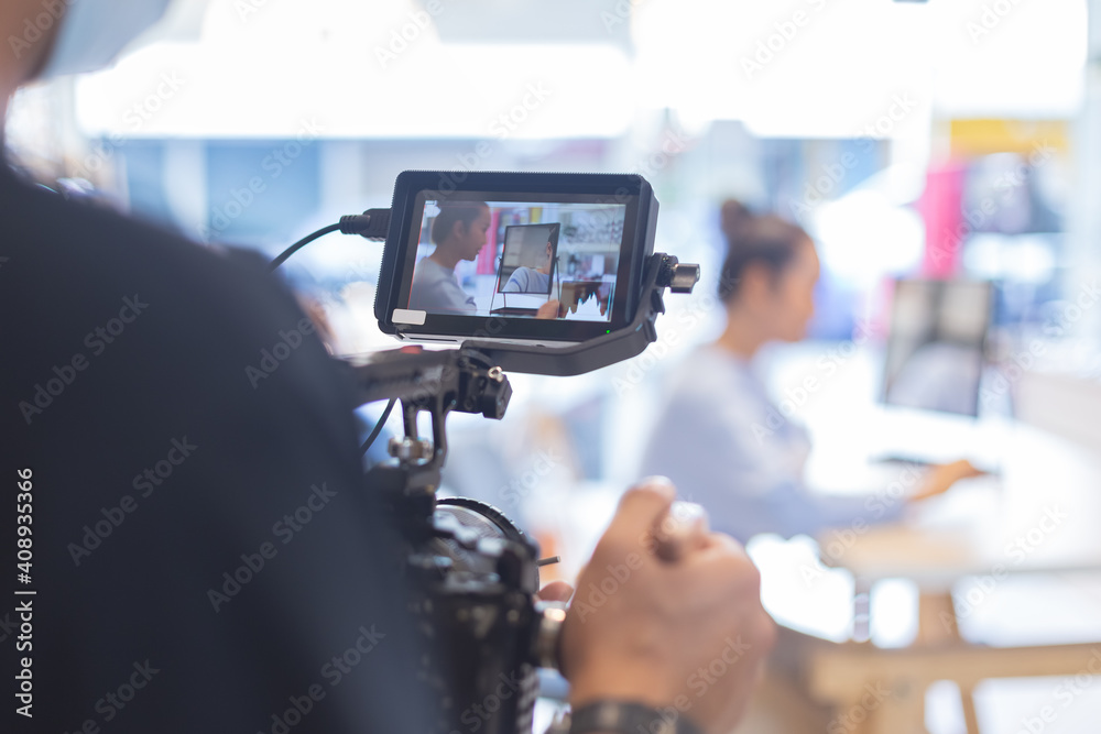 close up screen camera live video and record blogger social network, studio filming broadcasting production.