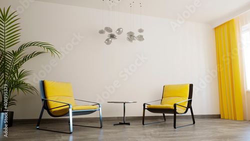3d illustraton of white room with two yellow armchairs. Psychologist office. © Yuliya Gorbunova