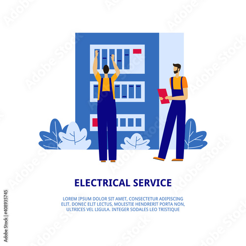 Two male service technicians are adjusting the electrical panel.Electrical installation service concept. 