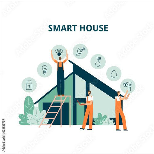 Concept image of installation and maintenance of a "smart home" system with various functions available for remote control - temperature,internet,humidity,video surveillance,protection,antenna,light