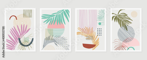 summer tropical wall arts vector. Palm leaves, monstera leaf, Botanical background design for wall framed prints, canvas prints, poster, home decor, cover, wallpaper.
