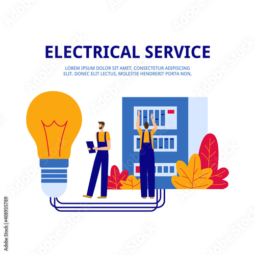 Service engineers carry out work on the installation and repair of the electrical panel.Electrical installation service concept. 