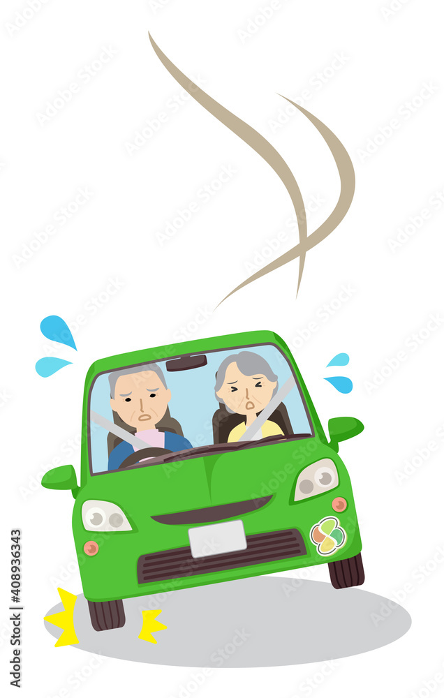 車をスリップさせてしまうおじいさんと同乗するおばあさん 車をスリップさせてしまうおじいさんと同乗するおばあさん