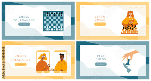 Chess game landing pages set. Two people plays chess online from smartphones. Girl sitting with chessboard and chess figures. Chess board with chess pieces. Woman hand holding chess black pawn.