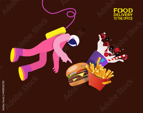 An astronaut in space orders a milkshake and a cheeseburger. Food delivery
