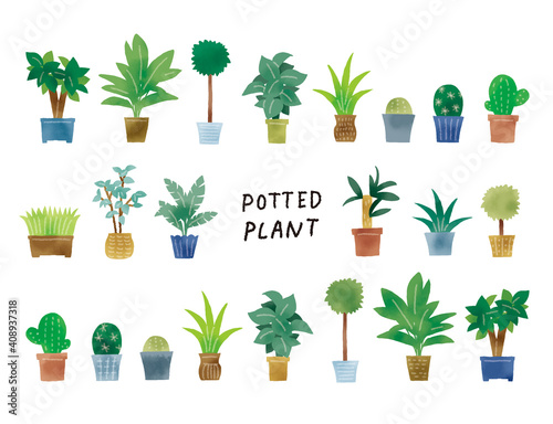 カジュアルなタッチ　シンプルなグリーンの鉢植えのイラストセット
