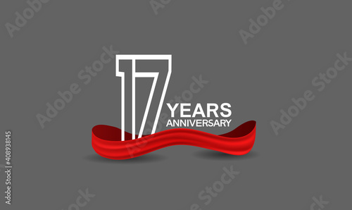 17 years anniversary line style white color with red color ribbon isolated on dark grey background can be use for party, invitation and celebration event