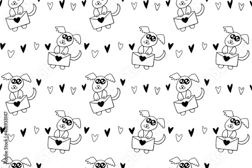 Vector Seamless pattern. Cute contour little dog with love letter and hearts. Hand drawn doodle. Background and texture on theme of Valentine's Day, sending and receiving post, confessions of feelings