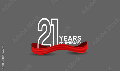 21 years anniversary line style white color with red color ribbon isolated on dark grey background can be use for party, invitation and celebration event