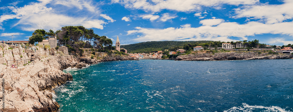 Scenic view of the blue lagoon village Veli Losinj in Croatia on sunny day.