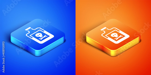 Isometric Poison in bottle icon isolated on blue and orange background. Bottle of poison or poisonous chemical toxin. Square button. Vector.