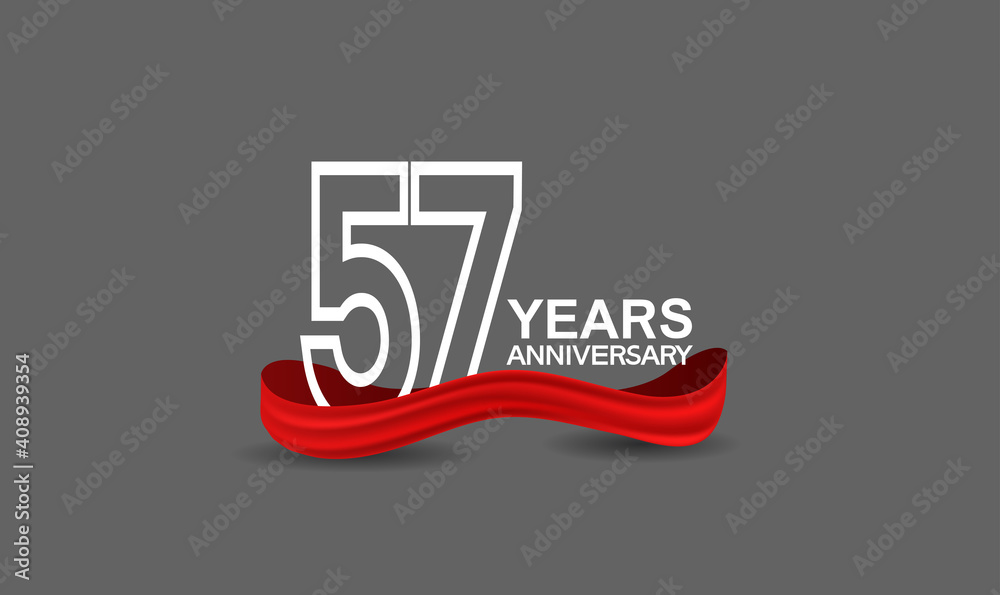 57 years anniversary line style white color with red color ribbon isolated on dark grey background can be use for party, invitation and celebration event