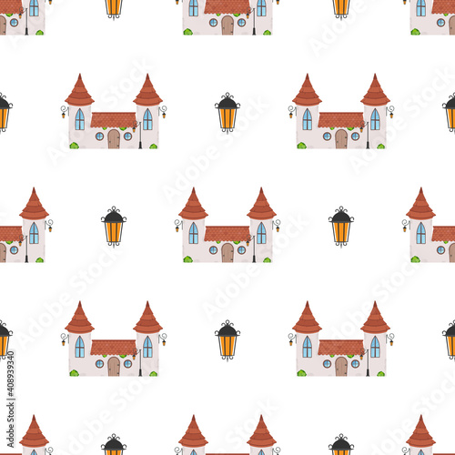 Seamless pattern with castle and towers. Endless background. Good for wrapping paper, postcards, and books. Cartoon style. Vector
