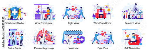 Set of COVID-19 Coronavirus illustration, Doctor and nurses fight the virus, Coronavirus disease concept flat vector illustration