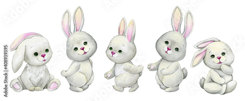 rabbits, sitting, watercolor animal, cartoon style, on isolated background.
