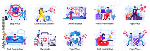 Set of COVID-19 Coronavirus illustration, Doctor and nurses fight the virus, Coronavirus disease concept flat vector illustration