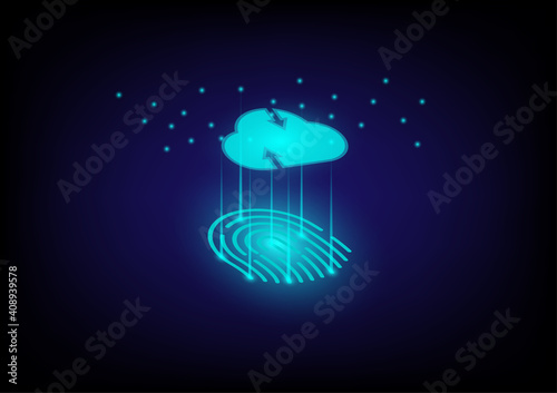 Fingerprint and cloud computing transfer data file on dark background. Communication of business and financial. Security and cloud data storage concept.