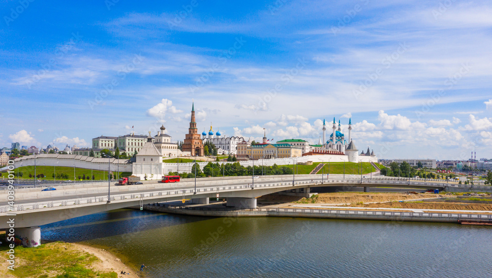 Old town, historical center with Kazan Kremlin and Suyumbike Tower, Panoramic view of the city on a sunny summer day. Russian Federation.