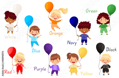 Cheerful Kids Holding Balloons of Different Colors Vector Set