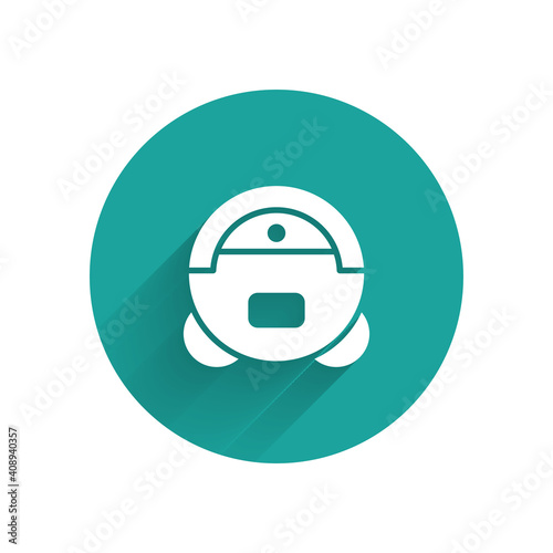 White Robot vacuum cleaner icon isolated with long shadow. Home smart appliance for automatic vacuuming, digital device for house cleaning. Green circle button. Vector.