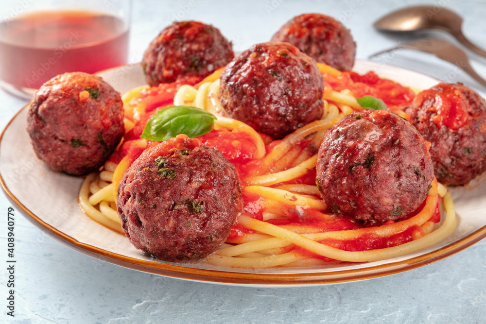 Meatballs with pasta and tomato sauce, a close-up Meatballs with pasta and tomato sauce, a close-up