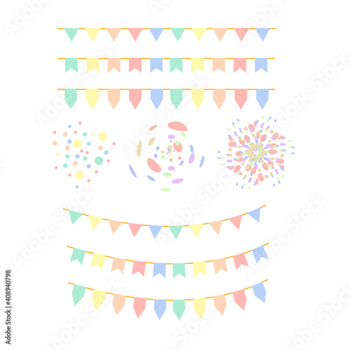 Set of colorful pastel flags, garland, and confetti pattern on white background. Multicolored festival bunting design elements for decoration of greetings cards, invitations, festa junina brazil.