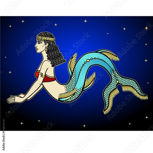 Cartoon color drawing: beautiful woman, ancient mystical mermaid. Ishtar, Astarta, Inanna. Profile view. Vector illustration. Background - dark sky, stars.