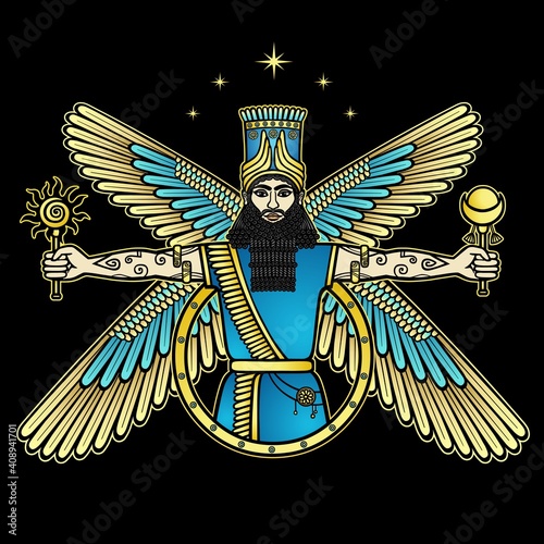Cartoon color drawing: bearded man in a horned crown holds sun and moon in his hands. Character in Assyrian mythology. God, angel, prophet. Vector illustration isolated on a black background. photo