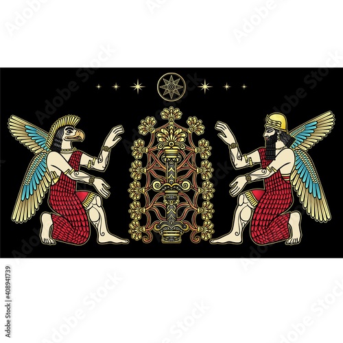 Animation color drawing: divine man bird and ancient king sit at the sacred tree of fertility. Star Sirius, character in Assyrian mythology. Vector white illustration isolated on a black background.