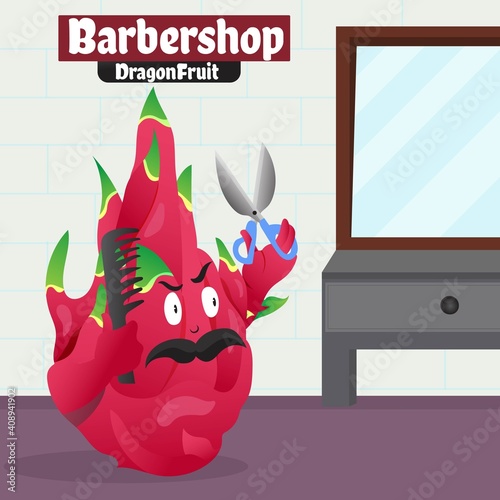 illustration of a dragon fruit mascot with a mustache being a haircutter. great design for t-shirt design and screen printing as well as for storybook covers