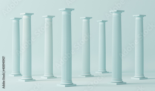 Minimal scene in pastel blue with marble colonnade and classic columns in ancient Greek style. Trendy 3d render for social media  promotion  cosmetic product show  fashion .  