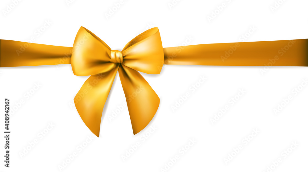 Gold silk ribbon with bow for card on white background. Xmas present. Holiday decoration. Realistic 3d vector illustration. Gold silk ribbon with bow for card on white background. Xmas present. Holiday decoration. Realistic 3d vector illustration.