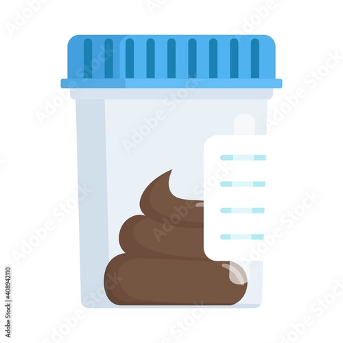 Medical analysis laboratory test stool in plastic jars on a white background. Web site page and mobile app design element. Chemical laboratory analysis. Vector illustration in flat style