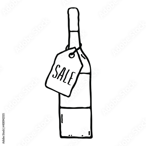 Bottle wine doodle logo icon sign Price tag sale discount symbol Black friday concept Hand drawn sketch Cartoon design style Fashion print clothes apparel greeting invitation card banner poster flyer