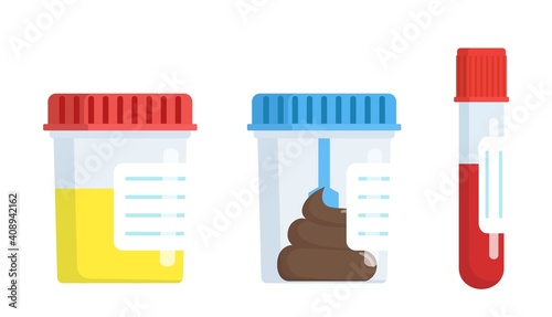 Medical analysis laboratory test urine stool and blood in plastic jars with colored lids. Web site page and mobile app design element. Chemical laboratory analysis. Vector illustration in flat style
