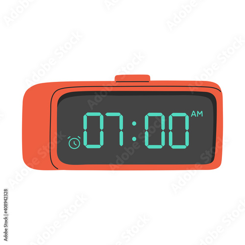 Led digital alarm clock, electronic red device timer, reminder symbol icon,  in flat cartoon style with black screen and blue numbers, modern trendy vector illustration isolated on white background.