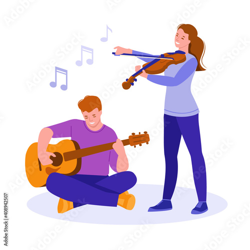 Young man guitarist and girl violinist play musical instruments. Live music. Vector illustration in flat cartoon style. Isolated on a white background.
