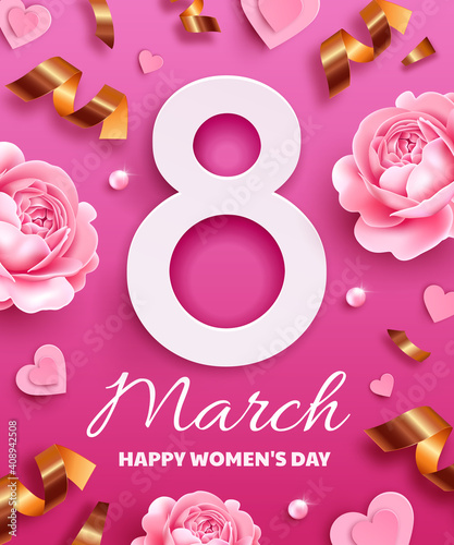 Greeting card for International Women's Day (March 8). Number 8 on a pink background with flowers, serpentine, pearls and paper hearts. 