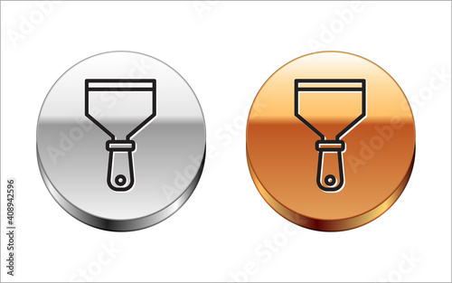 Black line Putty knife icon isolated on white background. Spatula repair tool. Spackling or paint instruments. Silver-gold circle button. Vector.