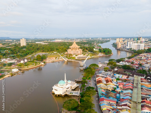 Panoramic landscape aerial view of iconic landmark of Kuching City, Sarawak, New Legislative Building and Darul Hana Bridge photo