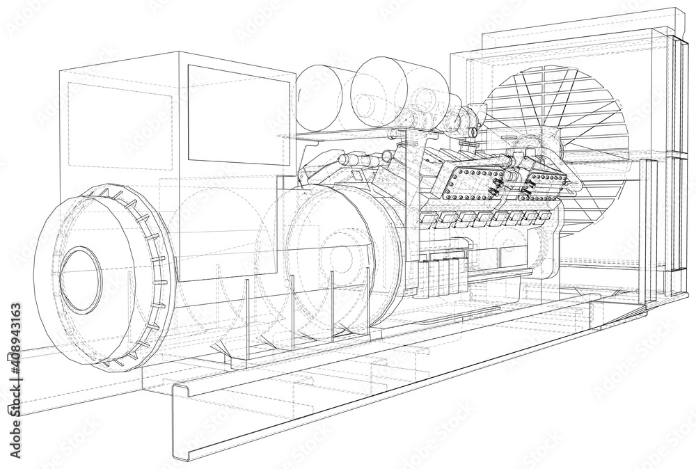 Obraz premium Gas engine is an internal combustion engine which runs on a gas fuel. Wire-frame line isolated on white. Vector rendering of 3d.