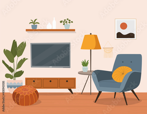 Comfortable chair, tv and house plants. Vector flat  style cartoon illustration.