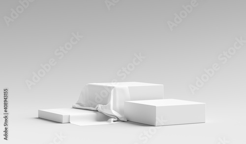 White product display stand or podium pedestal on advertising background with blank backdrops. 3D rendering. photo