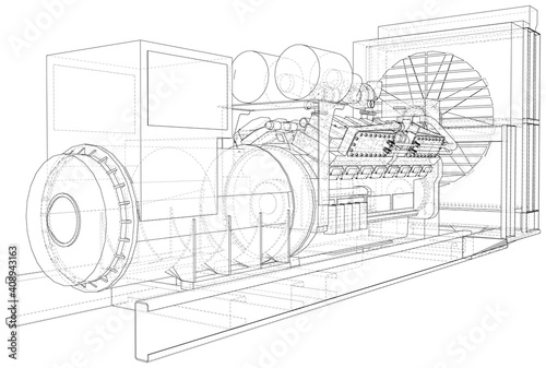 Gas engine is an internal combustion engine which runs on a gas fuel. Wire-frame line isolated on white. Vector rendering of 3d.