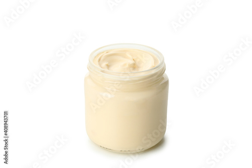 Jar with mayonnaise sauce isolated on white background