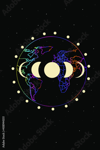 vector illustration, crystals and the solar system, moon phases. Sky patterns in the style of old engravings. Astronomy and astrology. Magical and mystical signs. Signs of the zodiac. A mystical map o