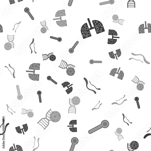 Set Virus cells in lung, Medical thermometer, Ebola virus disease and DNA symbol and virus on seamless pattern. Vector.