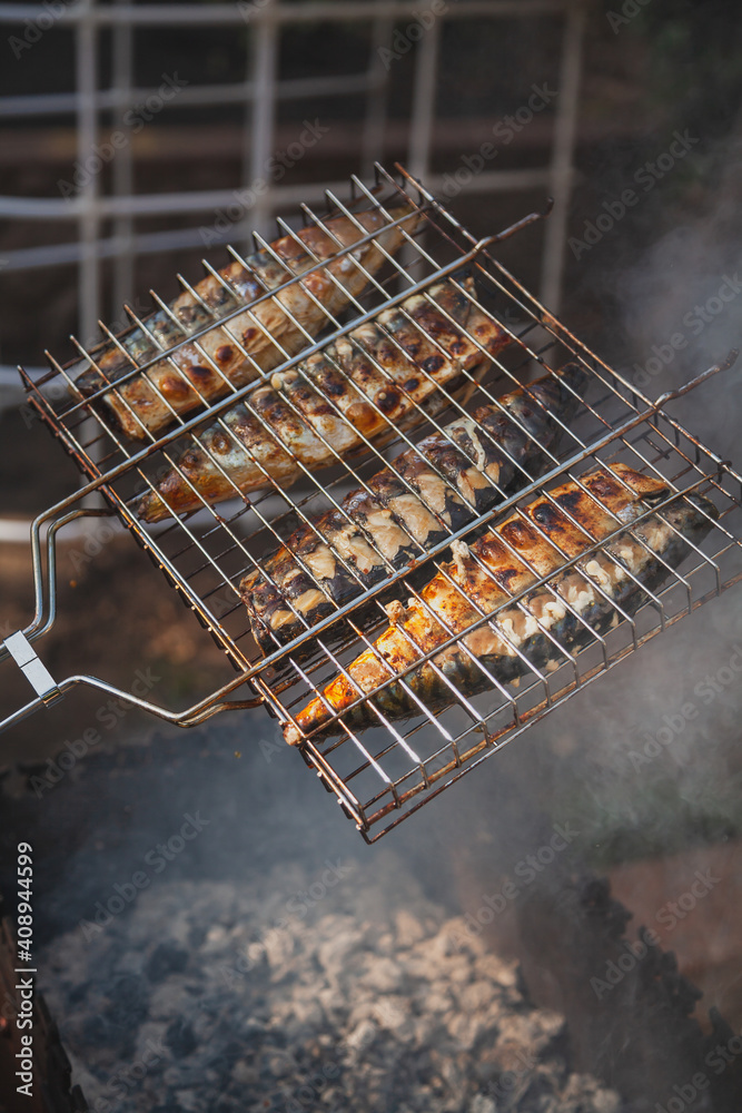 Mackerel fish grilling