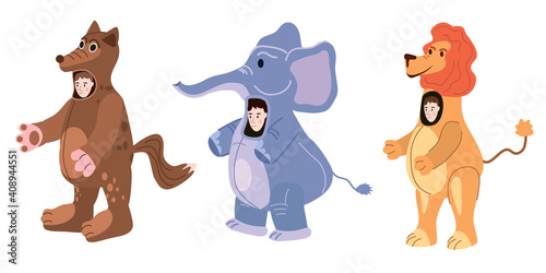Set Actors in animal Wolf, Elephant, Lion costume. Theme party, Birthday kid, children animator, entertainer wearing performer character for holiday masquerade, carnival. Vector
