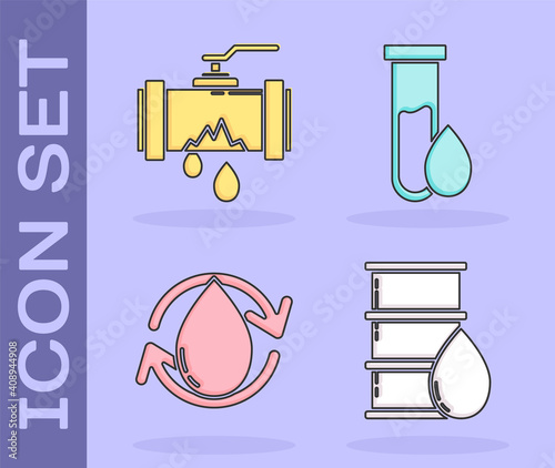 Set Barrel oil, Broken metal pipe with leaking water, Oil drop and Oil petrol test tube icon. Vector.